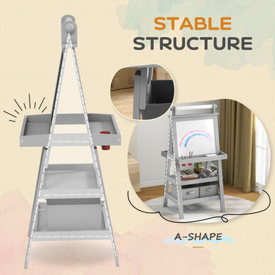 AIYAPLAY 3 in 1 Kids Easel Double-Sided Magnetic Whiteboard and Chalkboard with Paper Roll, Storage Baskets - Grey 