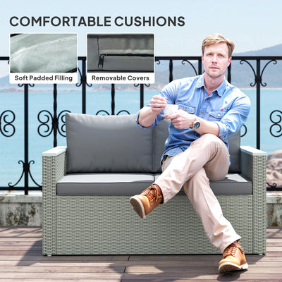 Outsunny 4 Piece Rattan Garden Furniture Set, 4 Seater Wicker Outdoor Sofa Set with 2 Armchairs, Loveseat, Acacia Wood Top Coffee Table, Cushions, Patio Conservatory Set for Balcony, Light Grey 