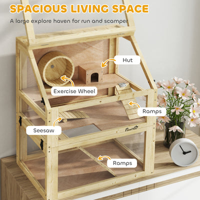 PawHut Wooden Hamster Cage with Detachable 32cm Deep Bottom, Hut, Seesaw, Exercise Wheel, Ramps, 60 x 40 x 75cm 