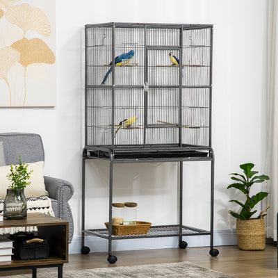 PawHut Large Bird Cage Budgie Cage with Stand, Storage Shelf, Wood Perch for Parrot Canary Parakeet Cockatiels, 81 x 48 x 162.5 cm 