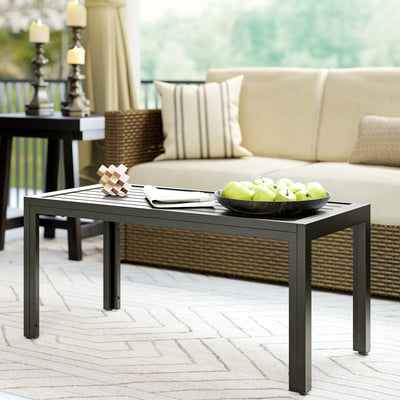 Outsunny Outdoor Side Table, Rectangular Patio Coffee Side Table with Steel Frame and Slat Tabletop for Garden, Balcony, Grey 