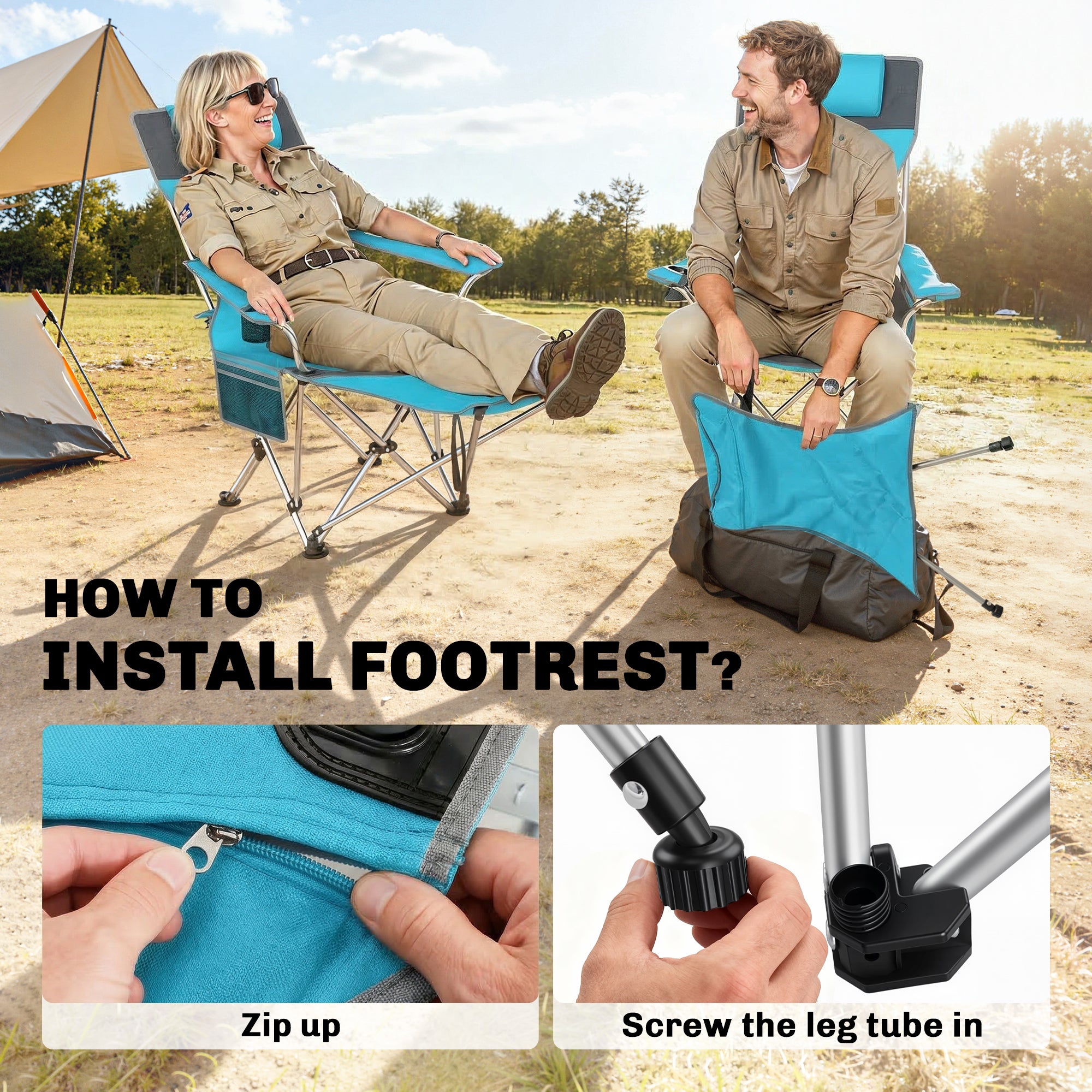 Outsunny Set of 2 Reclining Folding Camping Chair w/ Detachable Footrest, Storage Bag, Cup Holder & Headrest, Blue and Grey 