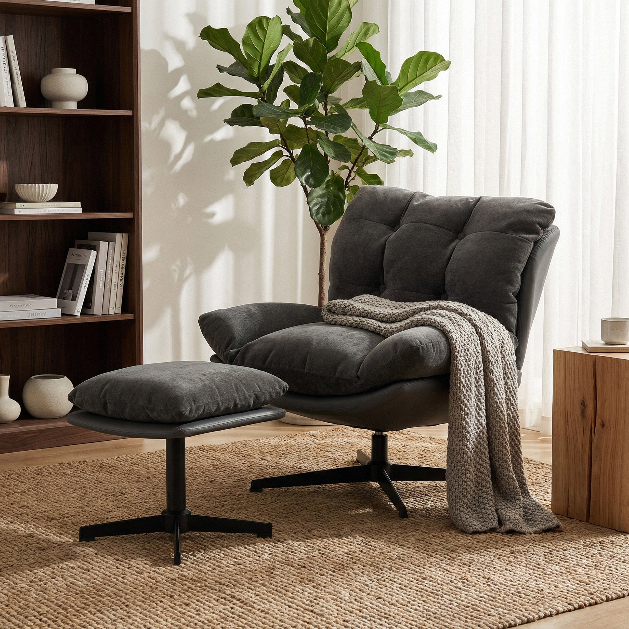 HOMCOM Accent Chair with Footstool, Swivel Lounge Chair with Chenille Upholstery, Metal Base, Dark Grey 