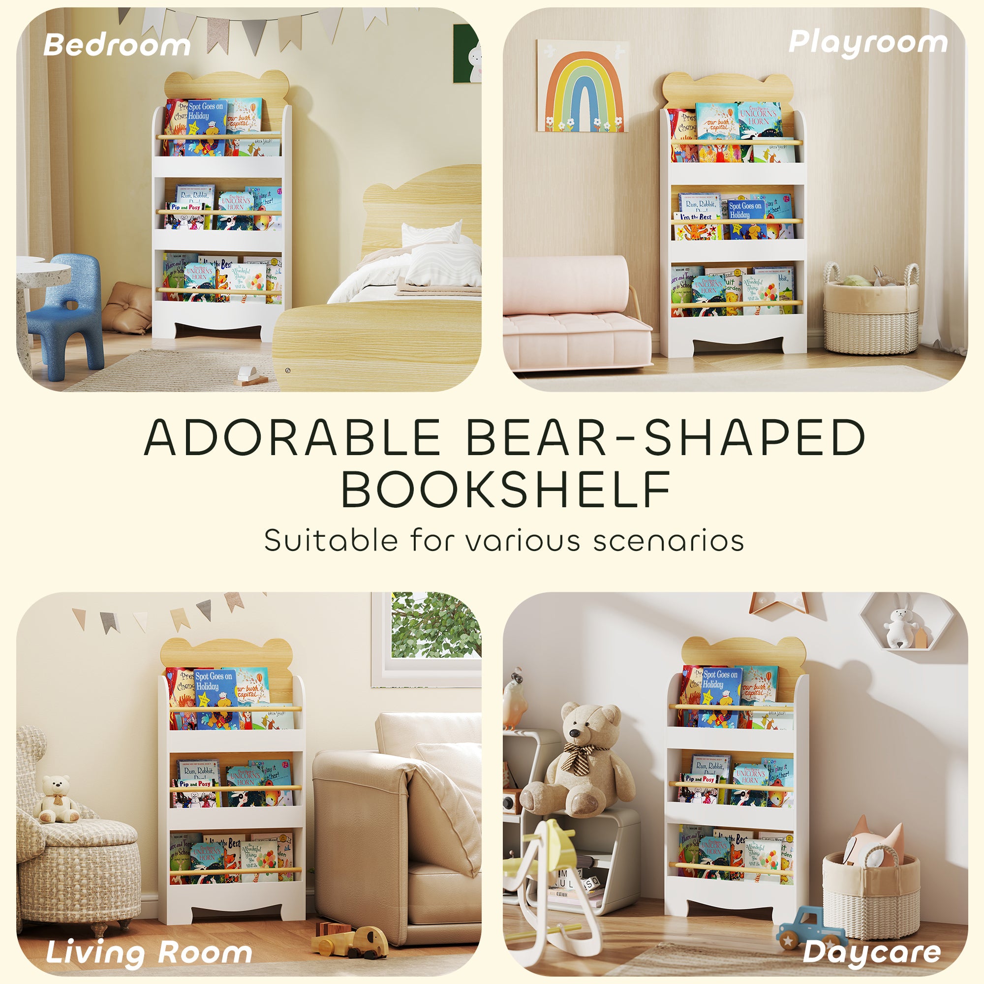 AIYAPLAY Kids Bookshelf, 3 Tier Children Bookcase, Bear Theme Toddler Space-Saving Bookcase for Living Room, White 