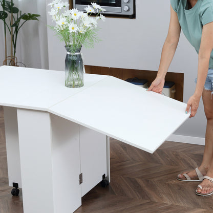 HOMCOM Folding Dining Table, Drop Leaf Table with 2-Tier Shelves, Rolling Casters, for Small Spaces, Kitchen, White 