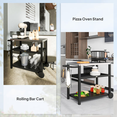 Outsunny Outdoor Grill Dining Cart 3-Shelf Movable Pizza Oven Table Stand with Stainless Steel Top, Portable BBQ Trolley Food Prep Outdoor Kitchen BBQ Station with Hooks Wheels Handle, Charcoal Grey 