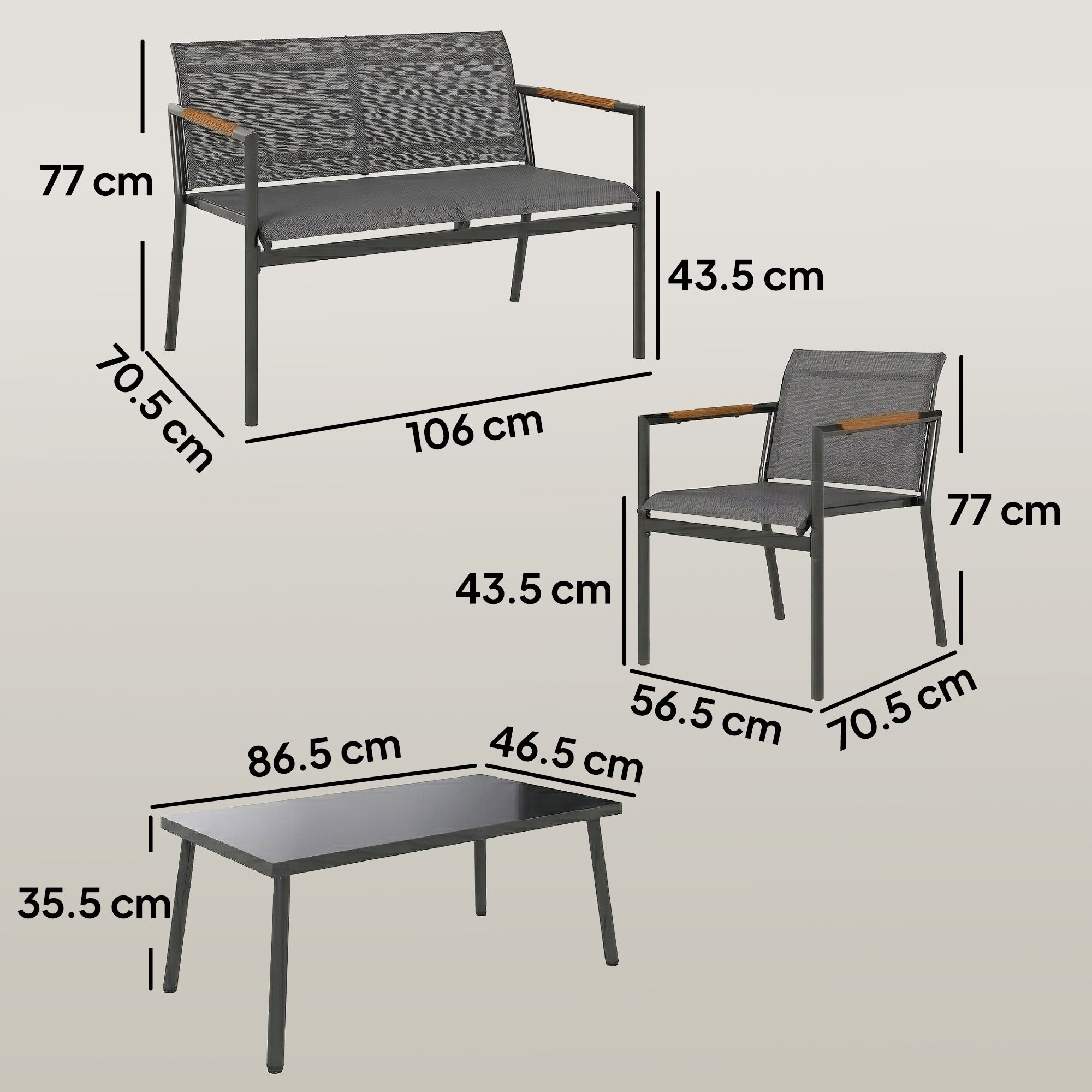 Outsunny 4 Seater Garden Furniture Set with Loveseat, Armchairs, Table, Metal Garden Sofa Set with Breathable Seats, Grey 
