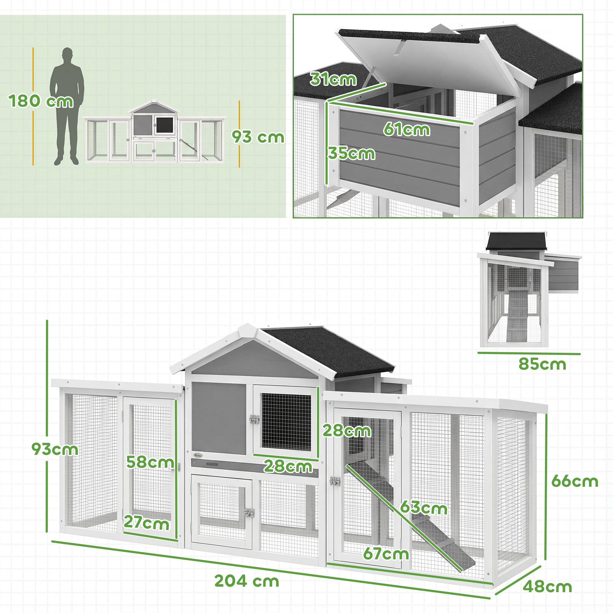 PawHut Large Chicken Coop, Wooden Outdoor Chicken Cage Poultry Hen House with Nesting Box 