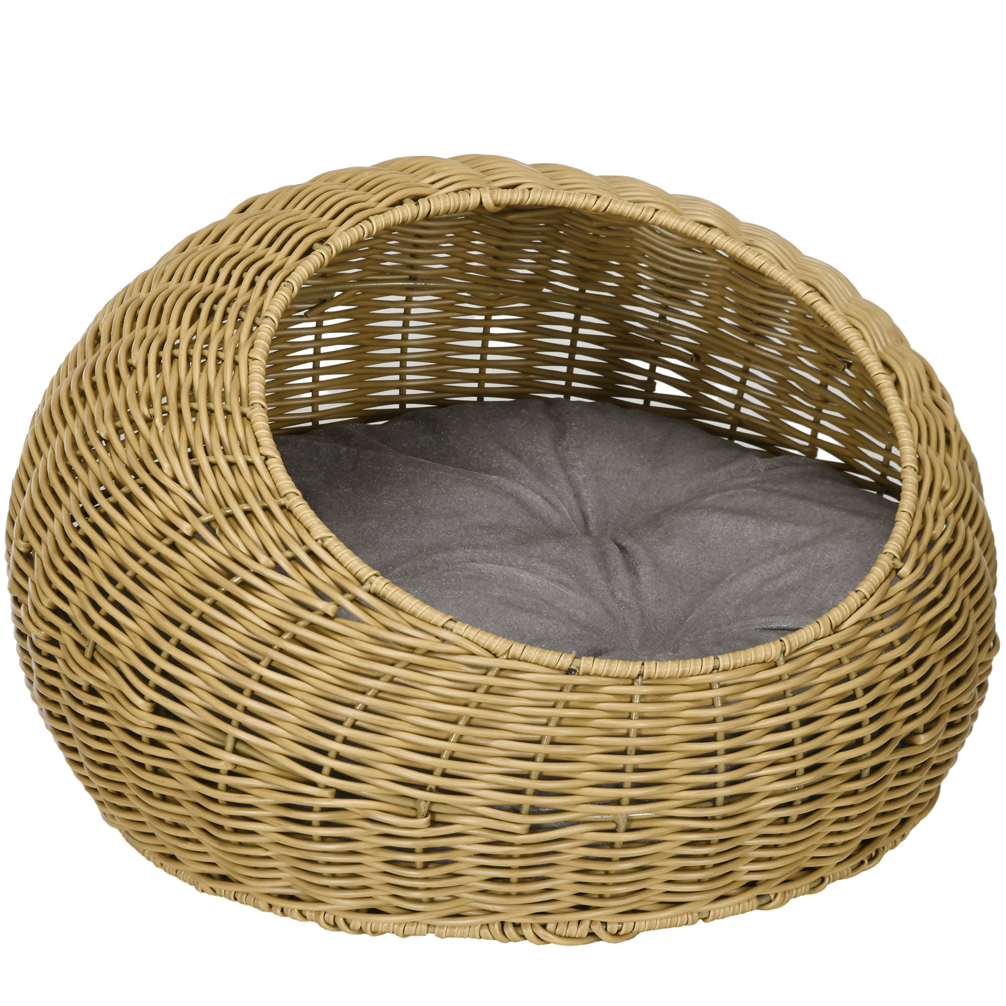 PawHut Wicker Cat House with Washable Cushion for Indoor Cats, Light Brown 