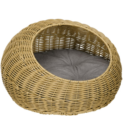 PawHut Wicker Cat House with Washable Cushion for Indoor Cats, Light Brown 