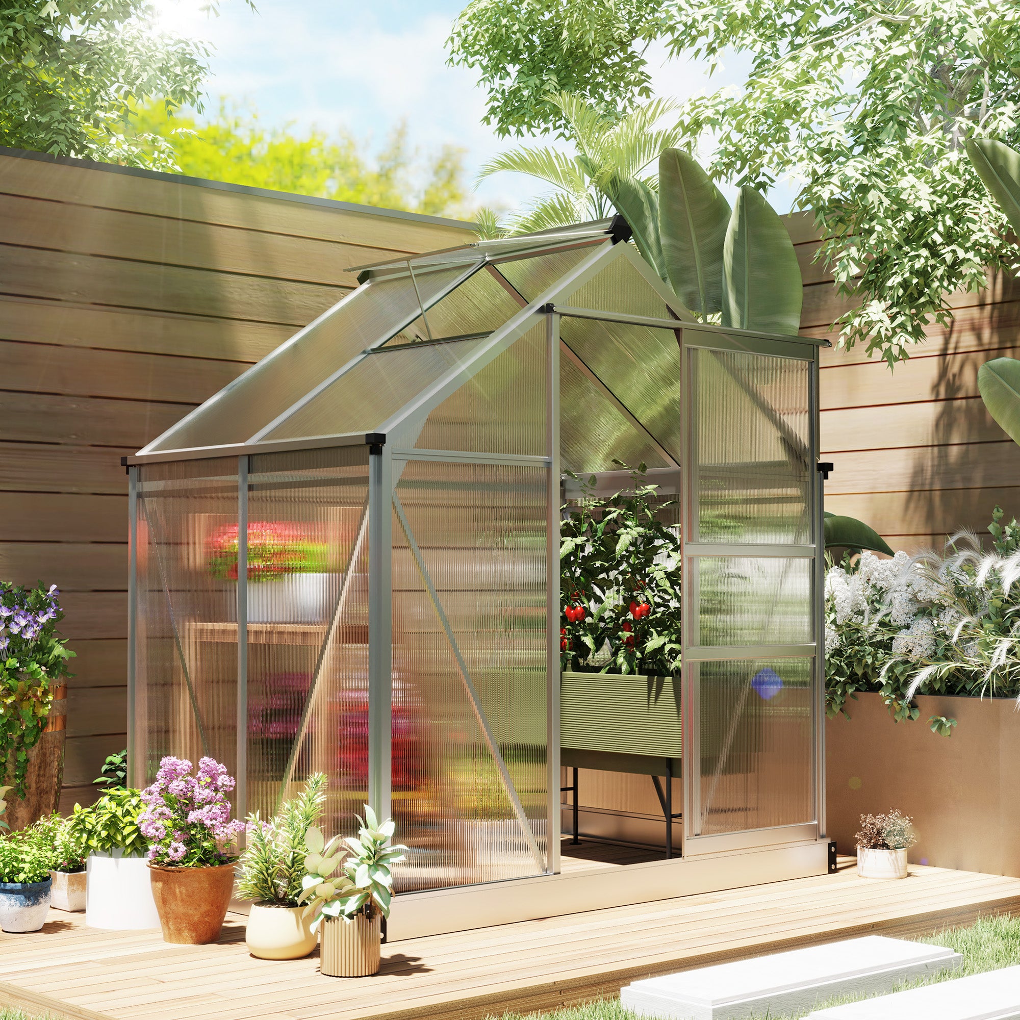 Outsunny Polycarbonate Greenhouse, Large Walk-In Green House with Slide Door and Window, Aluminium Frame, 6x4ft, Silver Tone 