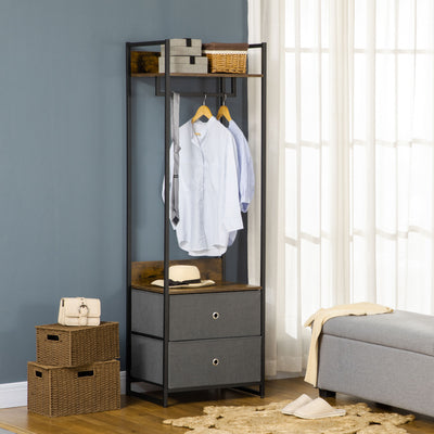 HOMCOM Clothes Rail, Metal Coat Stand, Garment Rack with 2 Fabric Storage Drawers, Single Wardrobe for Bedroom, Hallway, Rustic Brown and Grey 