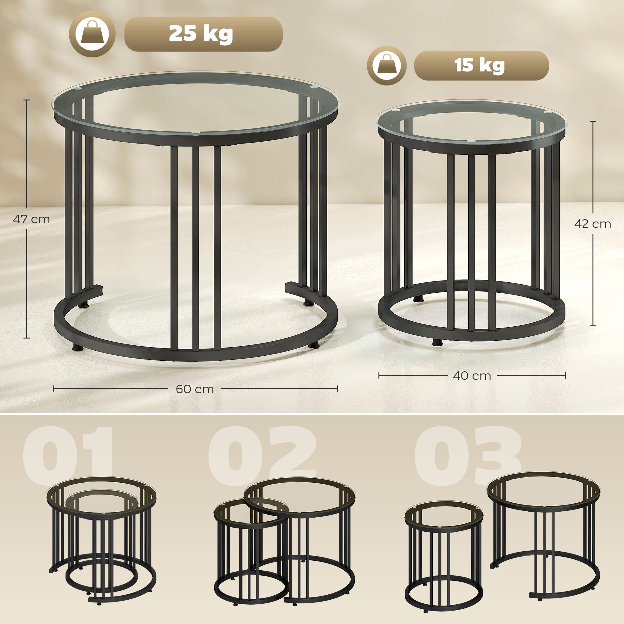HOMCOM Round Coffee Tables Set of 2, Nesting Tables with Tempered Glass Top and Steel Frame, Black 