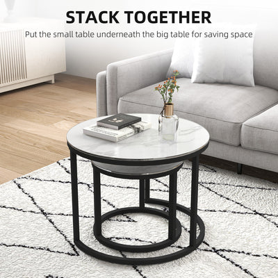HOMCOM Glass Coffee Table Set of 2, Round Nest of Tables with Marble-Effect Tempered Glass Tabletop and Steel Frame, Modern Side Tables for Living Room, White 
