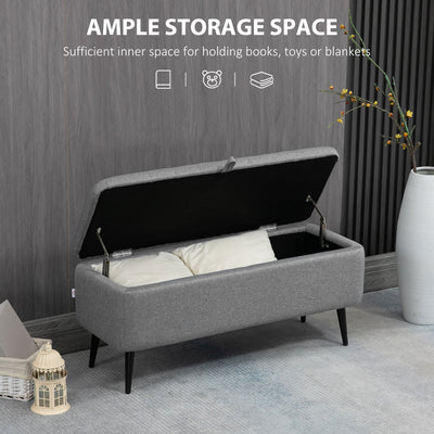 HOMCOM Storage Ottoman with Flip Top, Rectangular Upholstered Bench, Linen Fabric Footstool with Steel Legs for Living Room, Bedroom, Grey 
