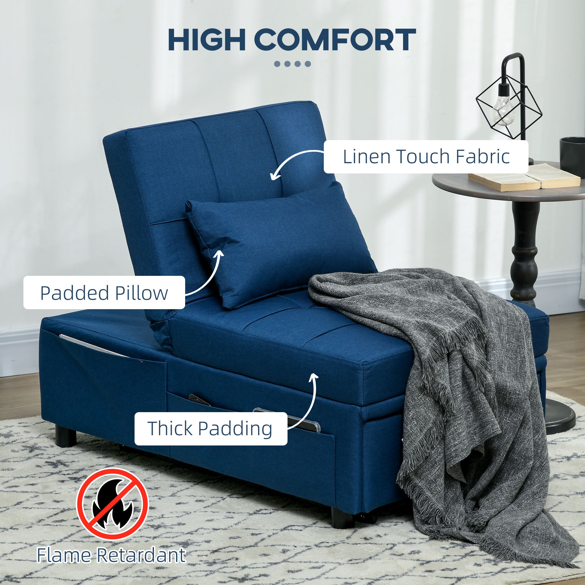 HOMCOM Convertible Chair Bed with Padding Seat, 4-in-1 Multi-Functional Sleeper Sofa Bed, Recliner with Adjustable Backrest, Side Pocket, Wheels and Pillow, for Living Room, Blue 