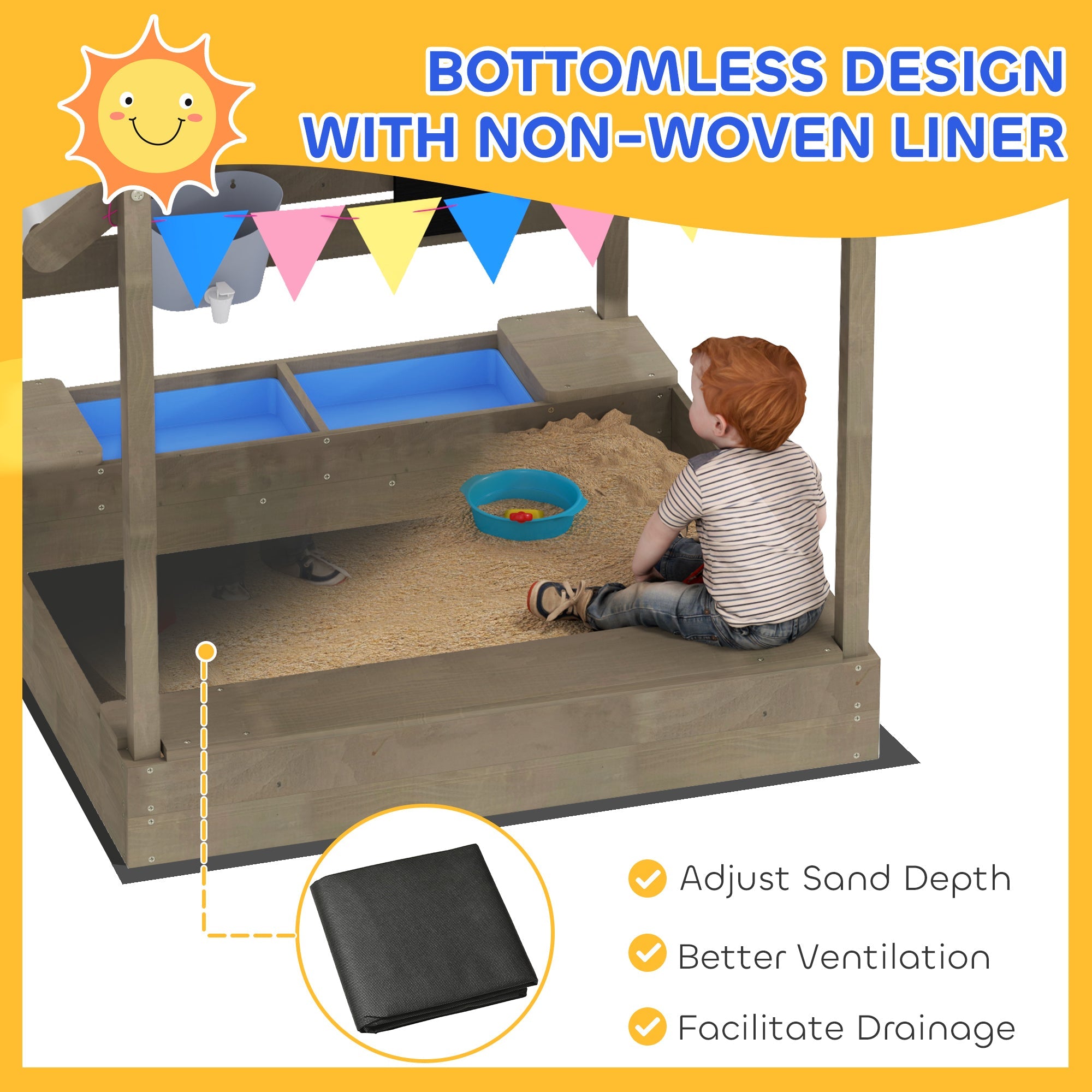 Outsunny House-Designed Wooden Sandbox, Outdoor Sandpit, with Blackboard, Toys, Sink, Seats, Flags, for Ages 3-7 Years - Grey 