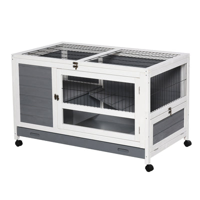 PawHut Indoor Rabbit Hutch Guinea Pig House Wooden Elevated Pet Bunny Cage with Wheels Openable Roof 102 x 60 x 63.5cm Grey 