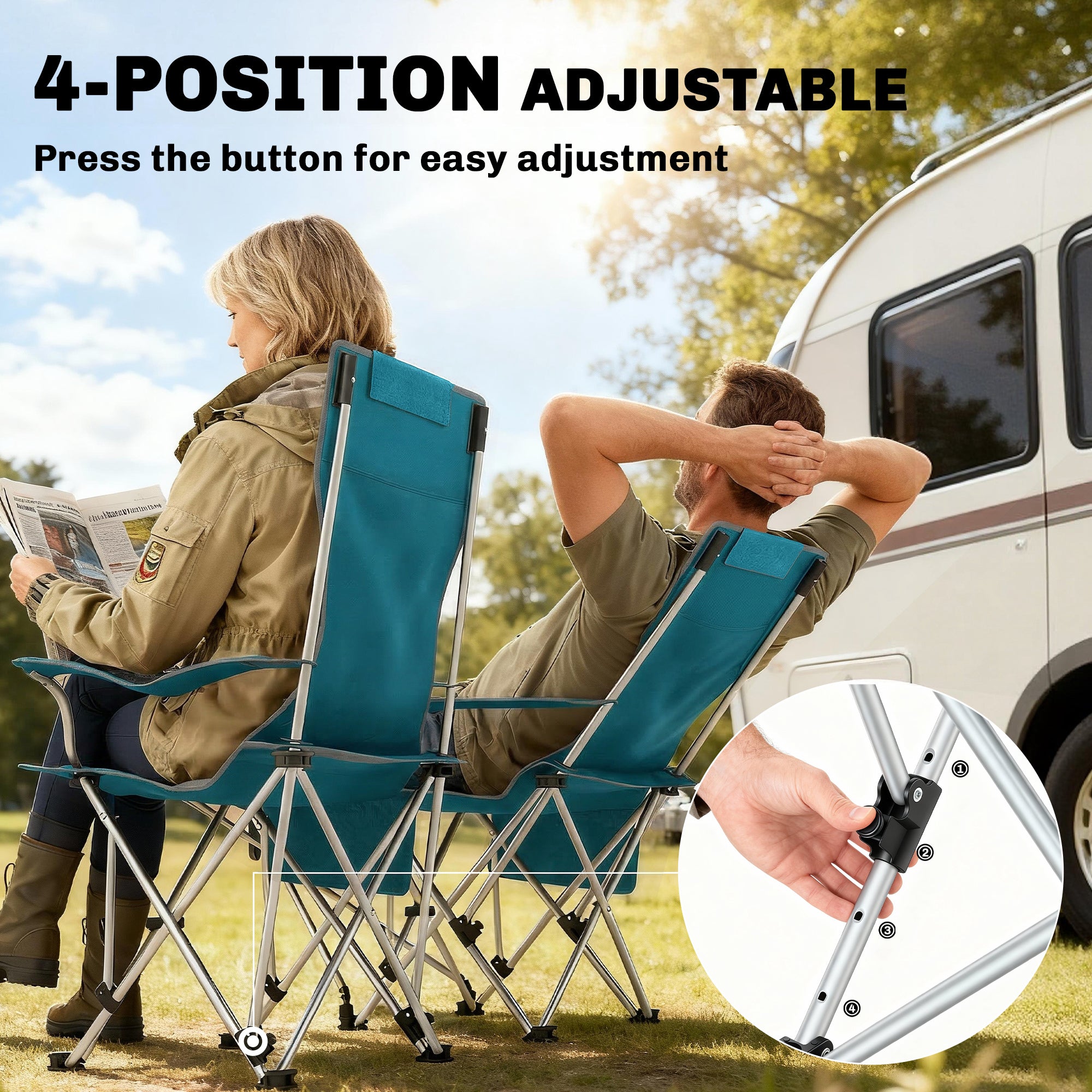 Outsunny Set of 2 Reclining Folding Camping Chair w/ Detachable Footrest, Storage Bag, Cup Holder & Headrest, Blue and Grey 