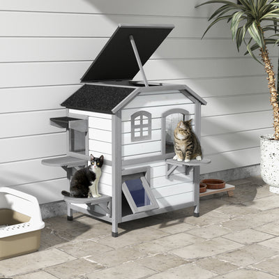PawHut 2-Story Indoor or Outdoor Cat House W/ Escape Door, Cat Shelter, White 