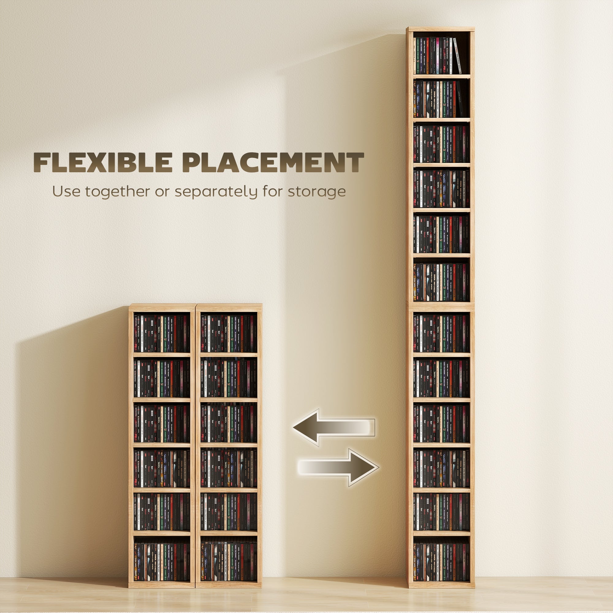 HOMCOM Set of 2 CD Media Display Shelf Unit Tower Rack with Adjustable Shelves, Natural 
