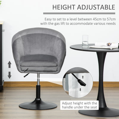 HOMCOM Dressing Table Chair, 360° Swivel Velvet-feel Upholstered Vanity Chair with Tub Seat, Back, Adjustable Height for Bedroom Makeup, Grey 