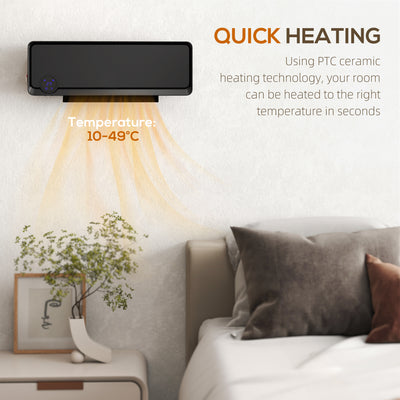 HOMCOM Wall Downflow Heater 2 Heat and Fan 1000W/2000W, Electric Space Heater with Timer Remote Oscillating, for Bedroom Home Office, Black 