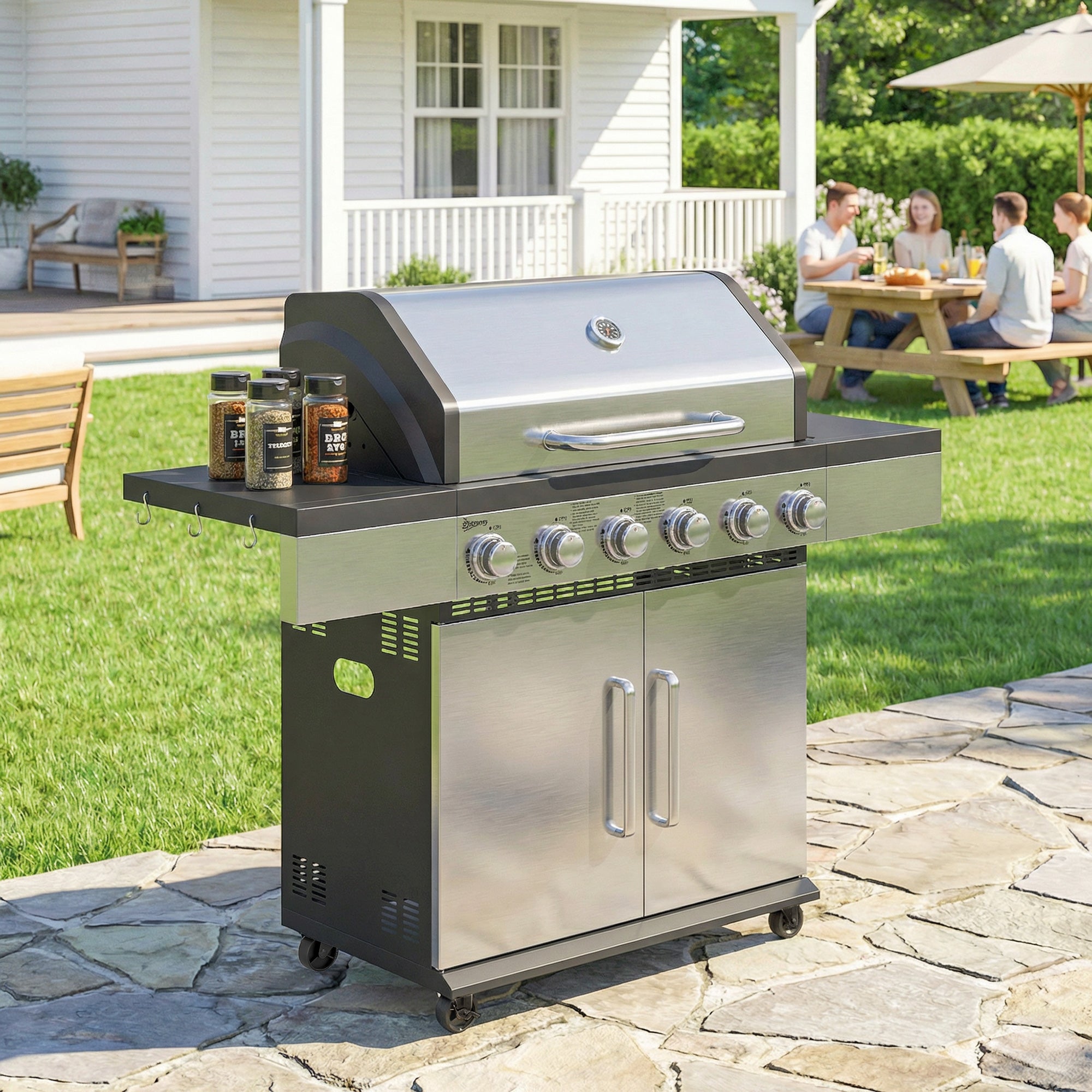 Outsunny 6 Burner Liquid Propane Gas BBQ Grill, Outdoor Portable Gas Barbecue Grill with Warming Rack, Side Tables, Cabinet 
