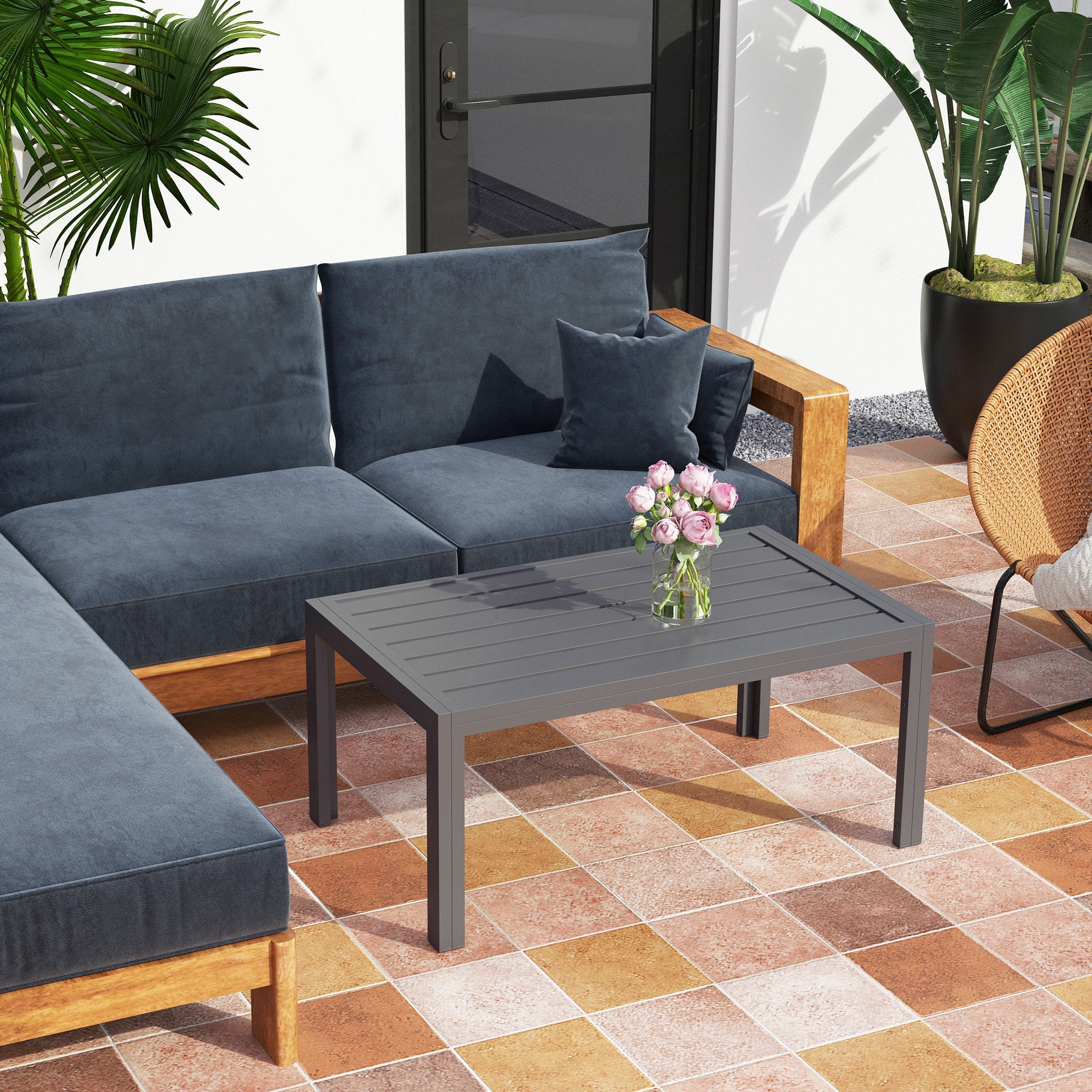 Outsunny Outdoor Side Table, Rectangular Patio Coffee Side Table with Steel Frame and Slat Tabletop for Garden, Balcony, Grey 