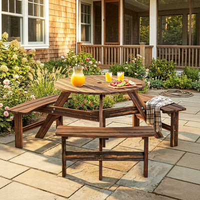 Outsunny Wooden Garden Dining Set, 6 Seater Round Dining Picnic Table with Matching Bench, Garden Furniture Set with Parasol Hole for Outdoor Patio Party and Family Gatherings, Carbonized 