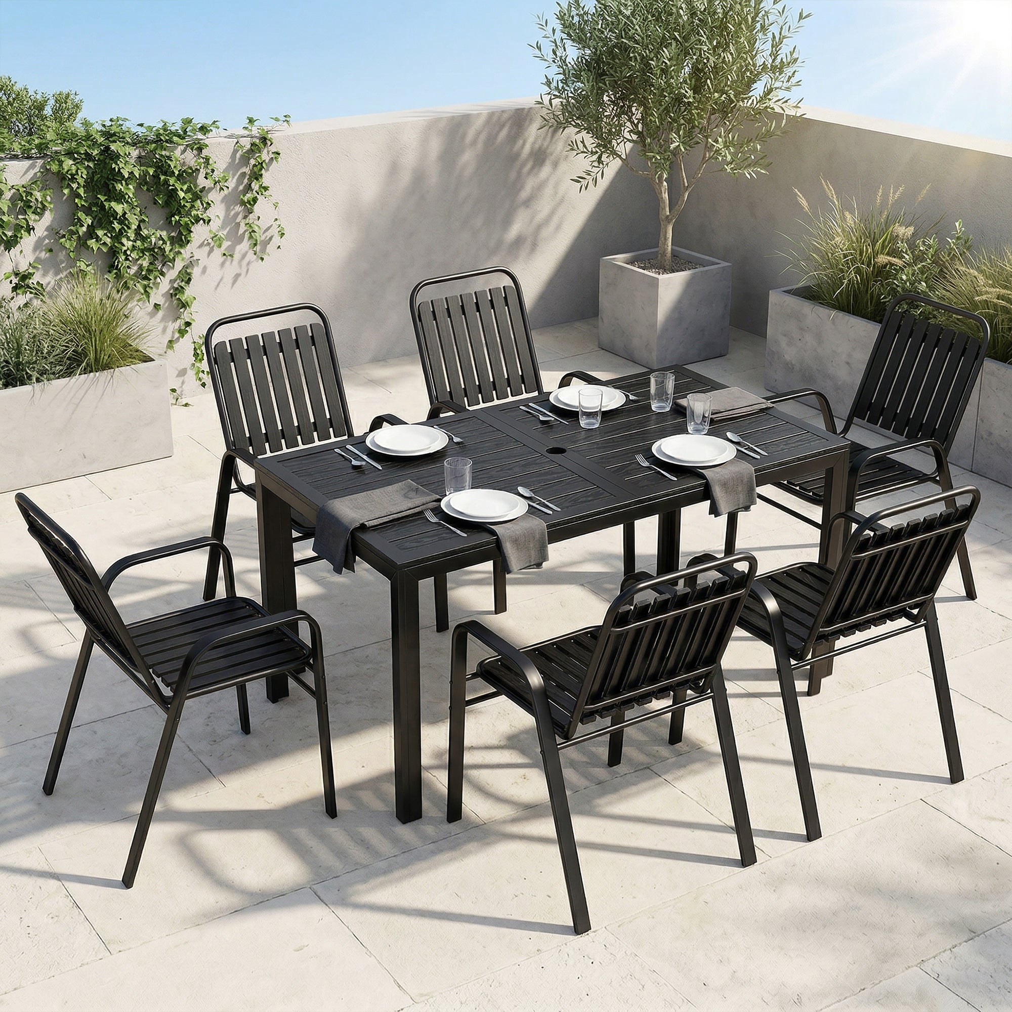 Outsunny 7 Pieces Outdoor Dining Set with Umbrella Hole, Garden Table and Chairs Set for 6 with Metal Table and Stackable Chairs 