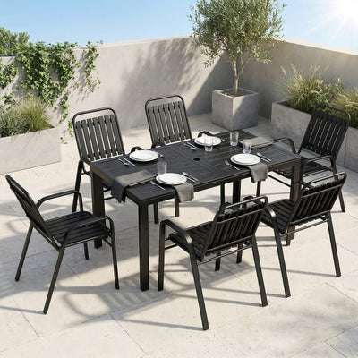 Outsunny 7 Pieces Outdoor Dining Set with Umbrella Hole, Garden Table and Chairs Set for 6 with Metal Table and Stackable Chairs 
