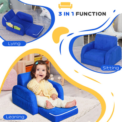 HOMCOM 2 In 1 Kids Armchair Sofa Bed Fold Out Padded Wood Frame Bedroom Blue 