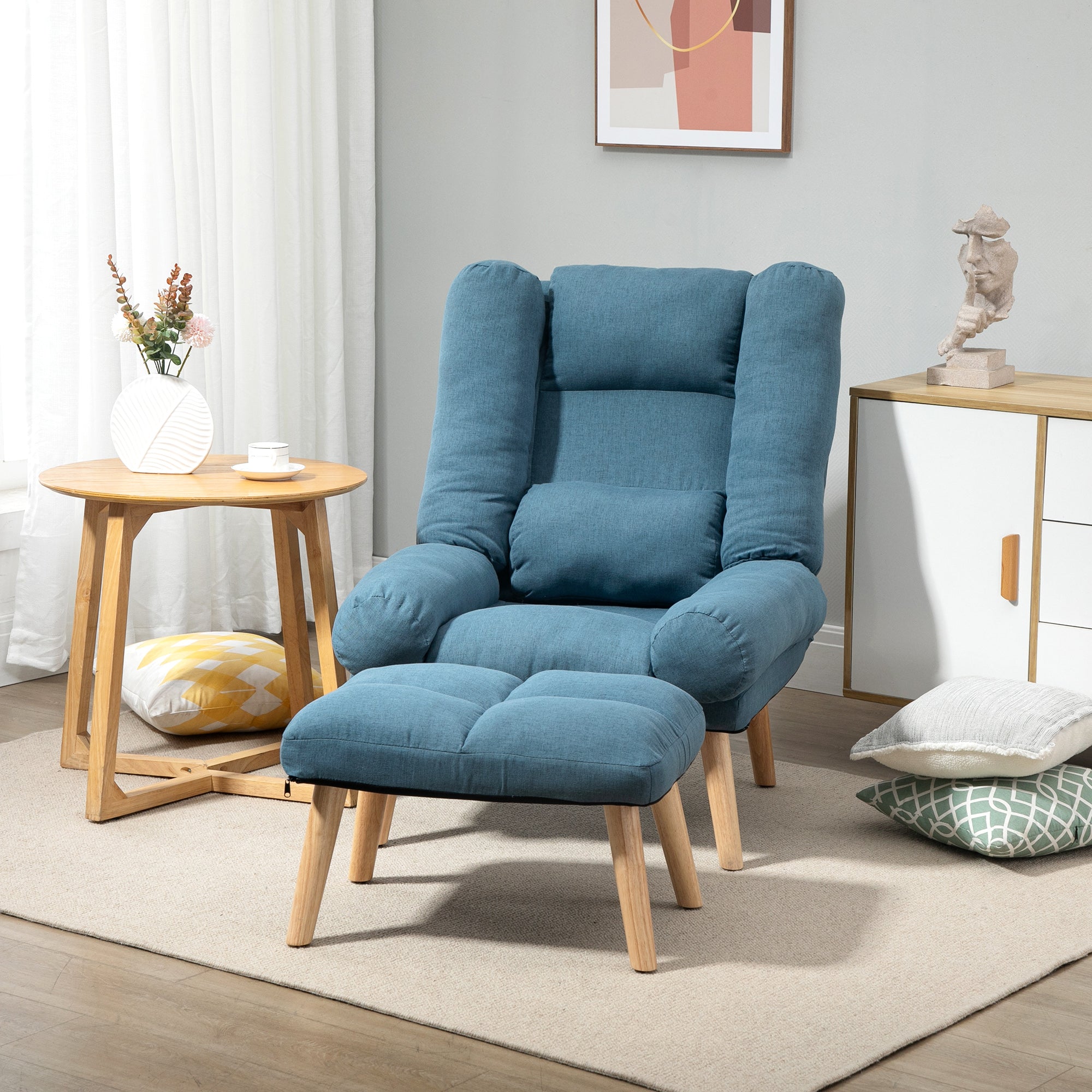 HOMCOM Armchair with Footstool, 180\'c2\'b0 Recliner with Ottoman, Accent Chair and Footstool with 3-Position Adjustable Backrest and Wooden Legs for Living Room, Blue