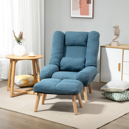 HOMCOM Armchair with Footstool, 180\'c2\'b0 Recliner with Ottoman, Accent Chair and Footstool with 3-Position Adjustable Backrest and Wooden Legs for Living Room, Blue