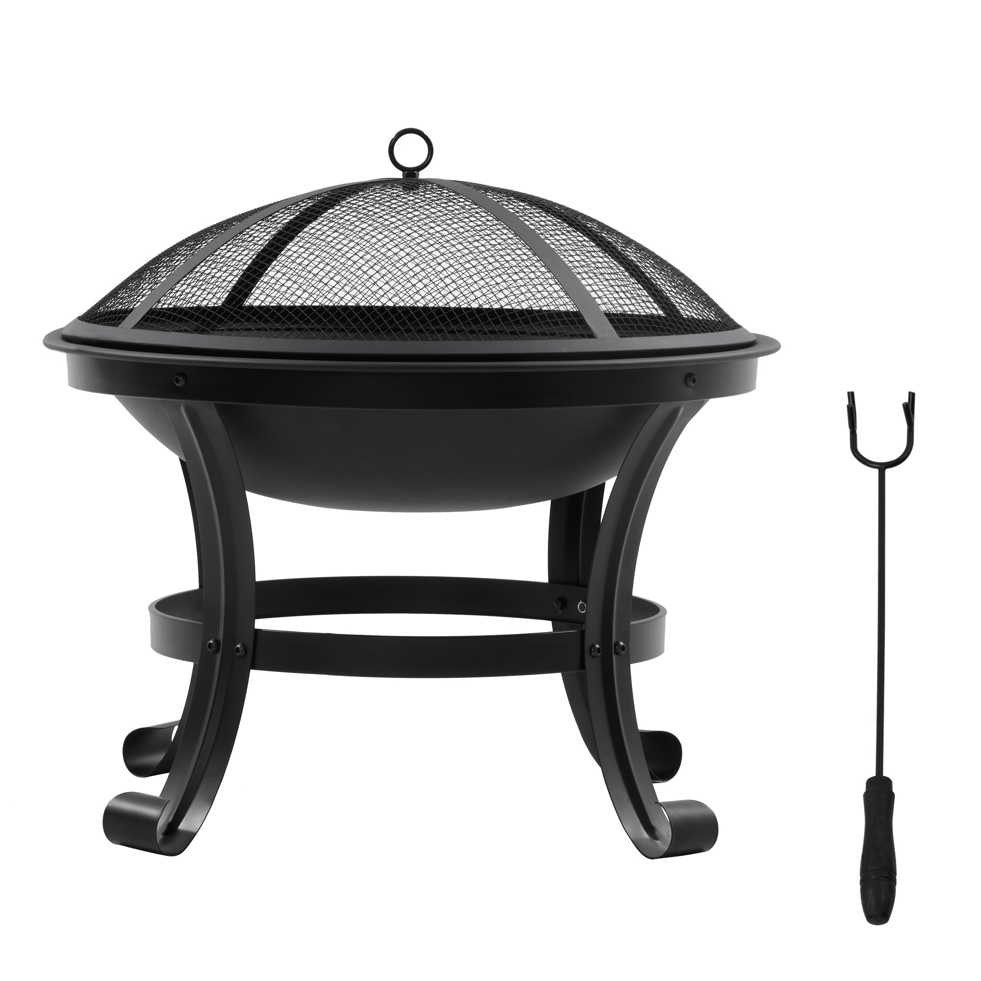 Outsunny Outdoor Fire Pit, Firepit with Mesh Lid, Poker, for Camping, Bonfire, Picnic, Black 