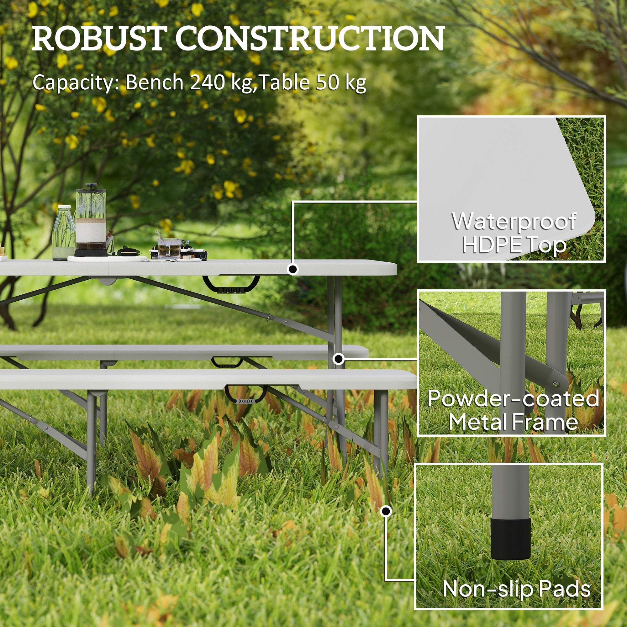Outsunny 3 Piece 6ft Folding Picnic Table and Bench Set, Portable HDPE Camping Table and Chairs with Carrying Handles for Indoor Outdoor, Dining, Camping, Picnic, BBQ, Party, White 