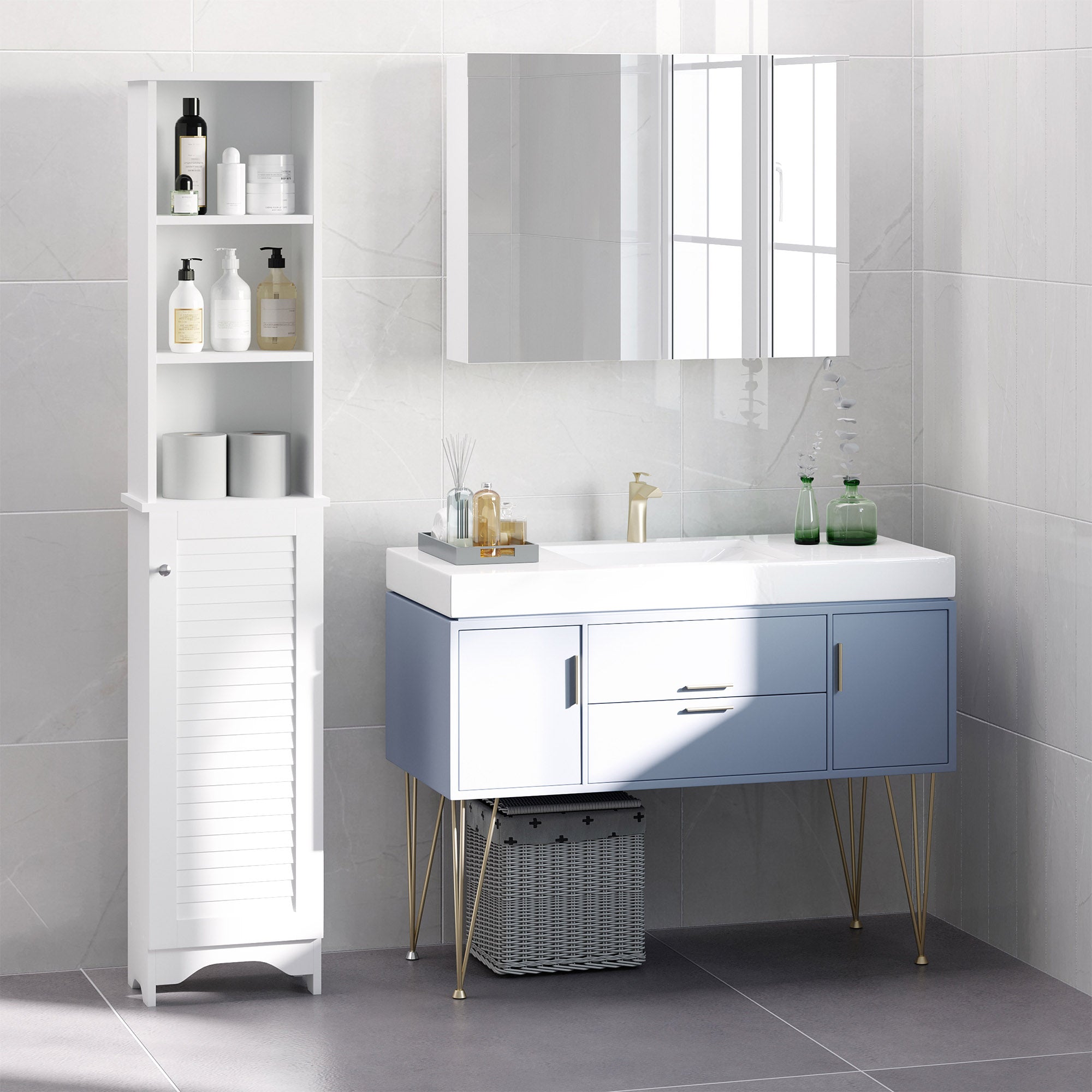 HOMCOM Tall Bathroom Cabinet Storage Cupboard Floor Standing Home Bathroom Furniture w/ 6 Shelves 165H x 34W x 20D cm White 