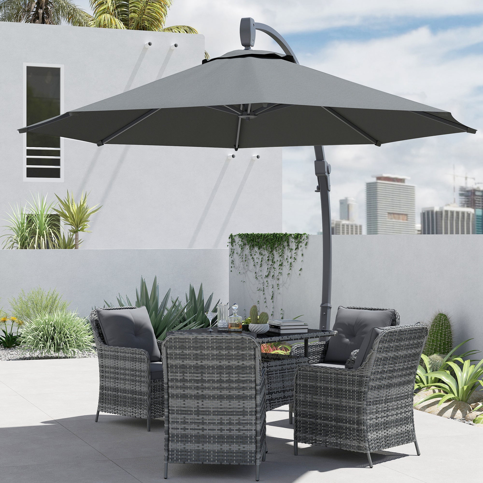 Outsunny 3(m) Garden Cantilever Parasol, Round Overhanging Umbrella with Crank Handle, Cross Base, Aluminium Frame and 360° Rotation, Banana Patio Umbrella for Outdoor Sun Shade, Grey 