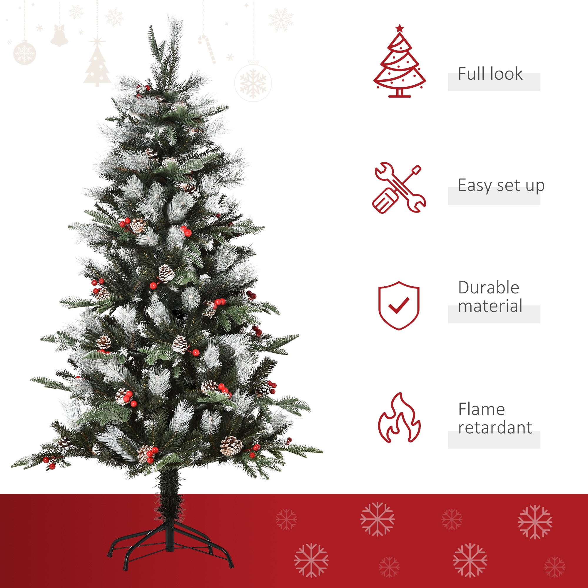 HOMCOM 5FT Artificial Snow Dipped Christmas Tree Xmas Pencil Tree Holiday Home Party Decoration with Foldable Feet Red Berries White Pinecones, Green 
