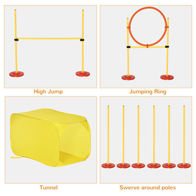 Pawhut Dog Agility Equipment Portable Pet Training Obstacle Set for Dogs 5 Pieces w/ Adjustable High Jumping Pole, Jumping Ring, Weave Poles, Tunnel 