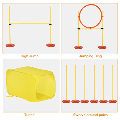 Pawhut Dog Agility Equipment Portable Pet Training Obstacle Set for Dogs 5 Pieces w/ Adjustable High Jumping Pole, Jumping Ring, Weave Poles, Tunnel 