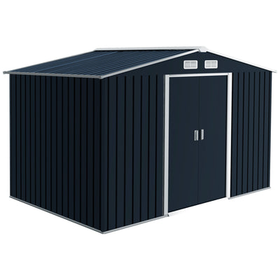 Outsunny 9 x 6ft Metal Garden Shed, Outdoor Storage Tool House with Ventilation Slots, Foundation Kit and Lockable Double Doors, Dark Grey 