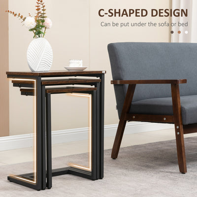 HOMCOM Nesting Side Tables Set of 3, C-Shaped Snack Side Tables with Steel Frame for Sofa Couch and Bed, Rustic Brown 