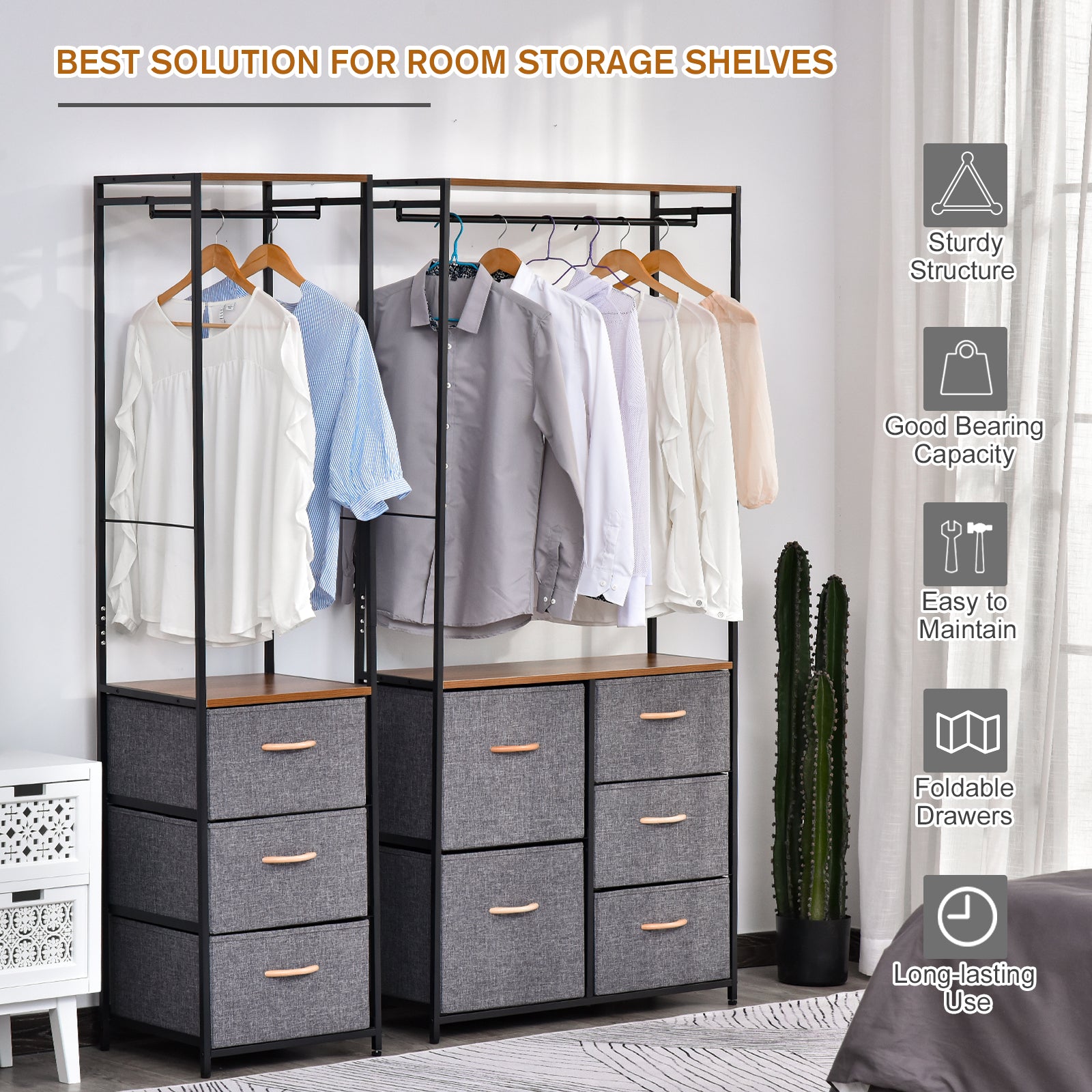 HOMCOM Coat Rack with 3 Drawers Storage Rack with Steel Frame for Bedroom Hallway Home Furniture Grey 
