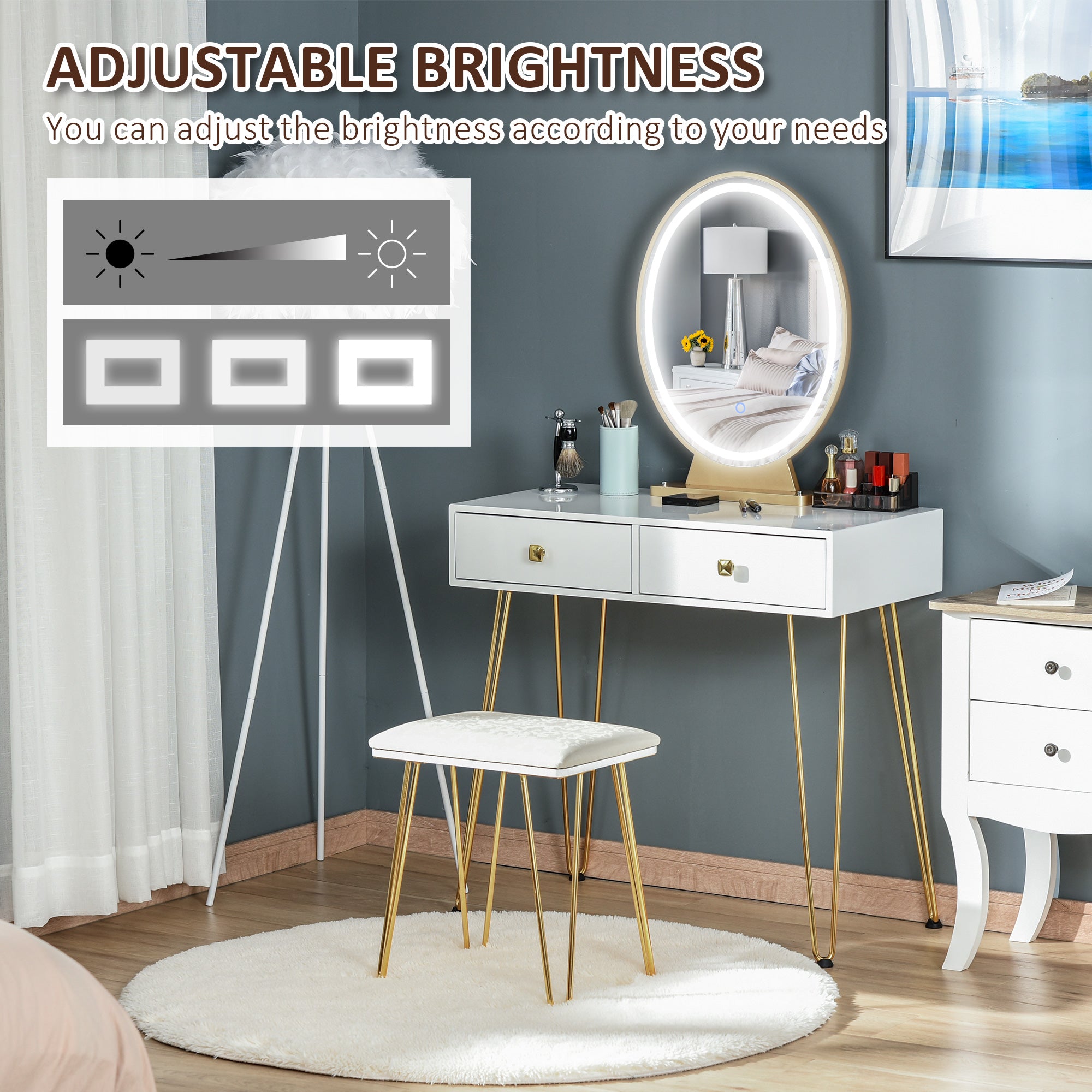 HOMCOM Dressing Table Set with LED Light, Round Mirror, Vanity Makeup Table with 2 Drawers and Cushioned Stool for Bedroom, White 