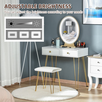 HOMCOM Dressing Table Set with LED Light, Round Mirror, Vanity Makeup Table with 2 Drawers and Cushioned Stool for Bedroom, White 
