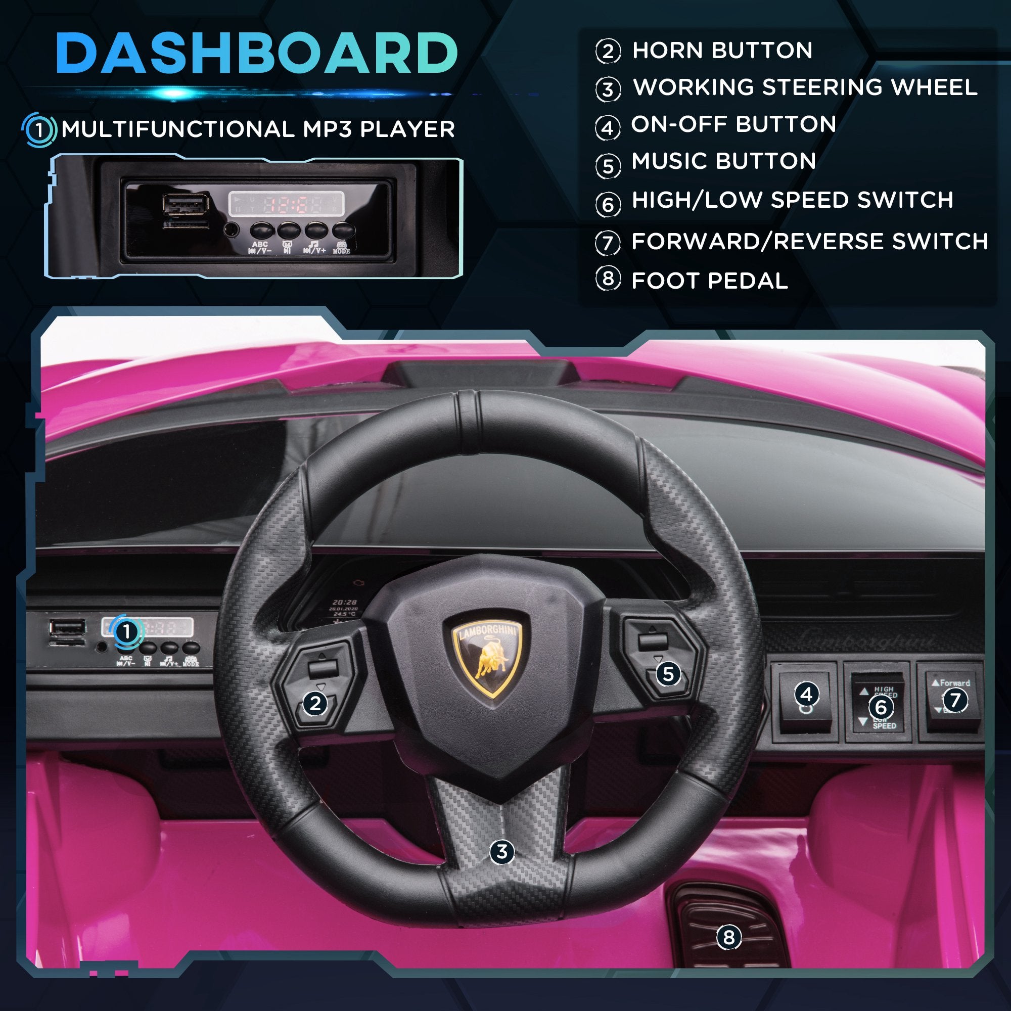 HOMCOM Lamborghini Sian Licensed 12V Kids Electric Ride On Car 2 Motors Toy Car with Remote Control Music Lights MP3 for 3-5 Years Pink 