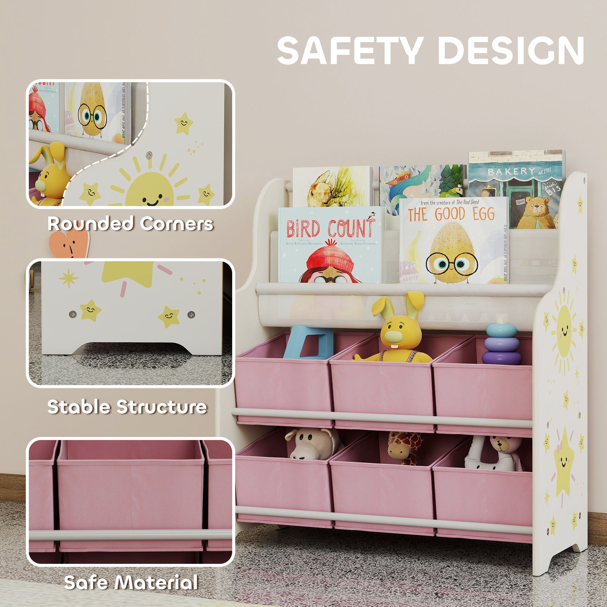 AIYAPLAY Kids Storage Unit, Toy Organiser with 6 Fabric Drawers and 2-Tier Sling Book Rack for Bedroom, Playroom, Nursery, Pink 