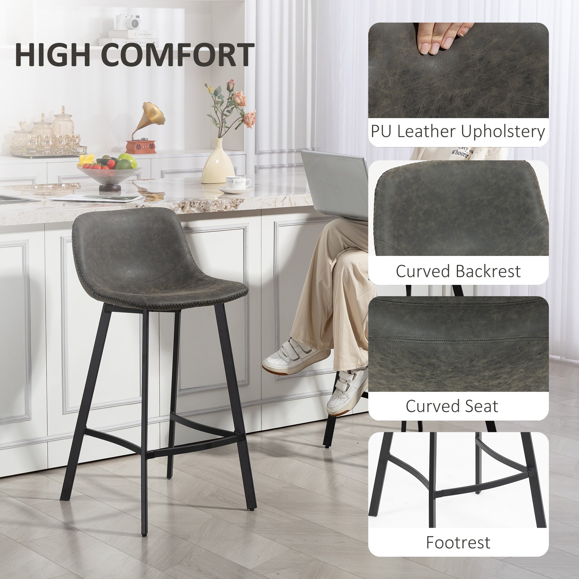 HOMCOM Bar Stools Set of 2, PU Leather Dining Stools with Backrest, Footrest, for Kitchen, Counter, Breakfast Bar, Grey 